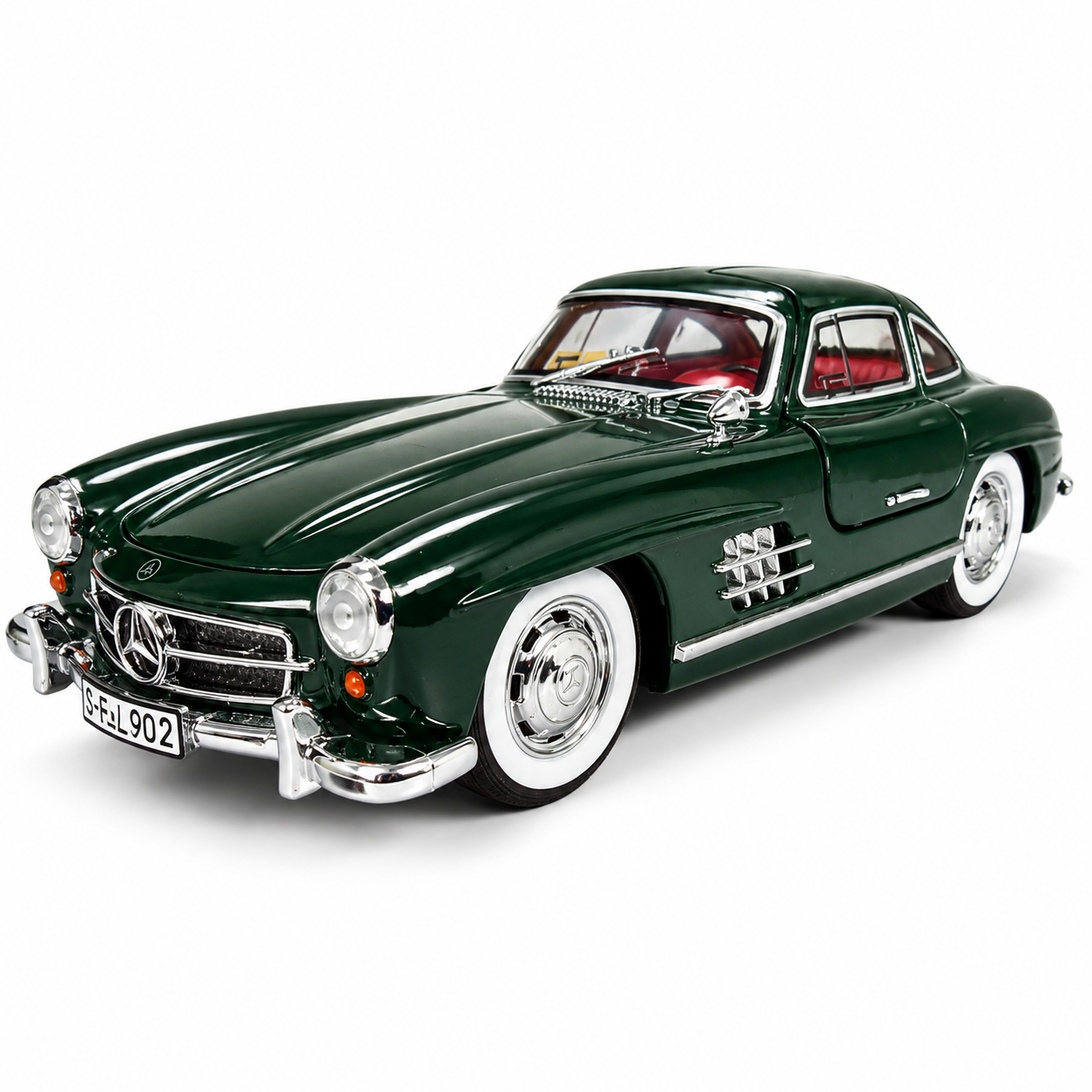 Mercedes-Benz 300SL Gullwing 1:24 Scale Die-Cast JJ222 Model Car with Smoke Effect, Lights & Sound | Pull Back Alloy Sports Car with Opening Doors, Hood & Trunk | Dark Green