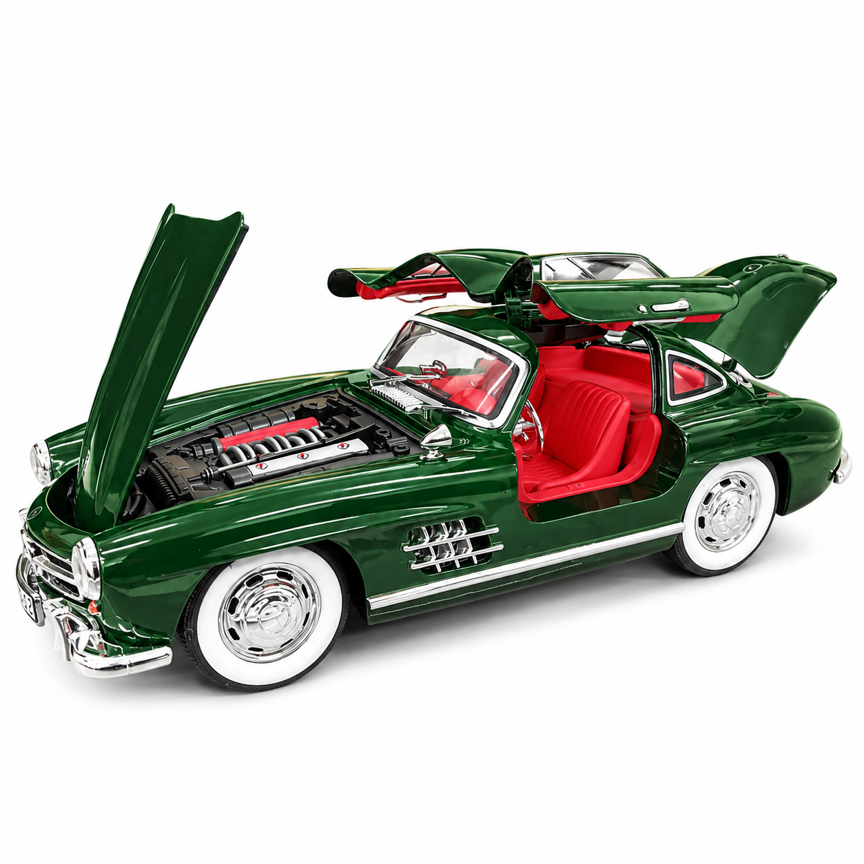 Mercedes-Benz 300SL Gullwing 1:24 Scale Die-Cast JJ222 Model Car with Smoke Effect, Lights & Sound | Pull Back Alloy Sports Car with Opening Doors, Hood & Trunk | Dark Green