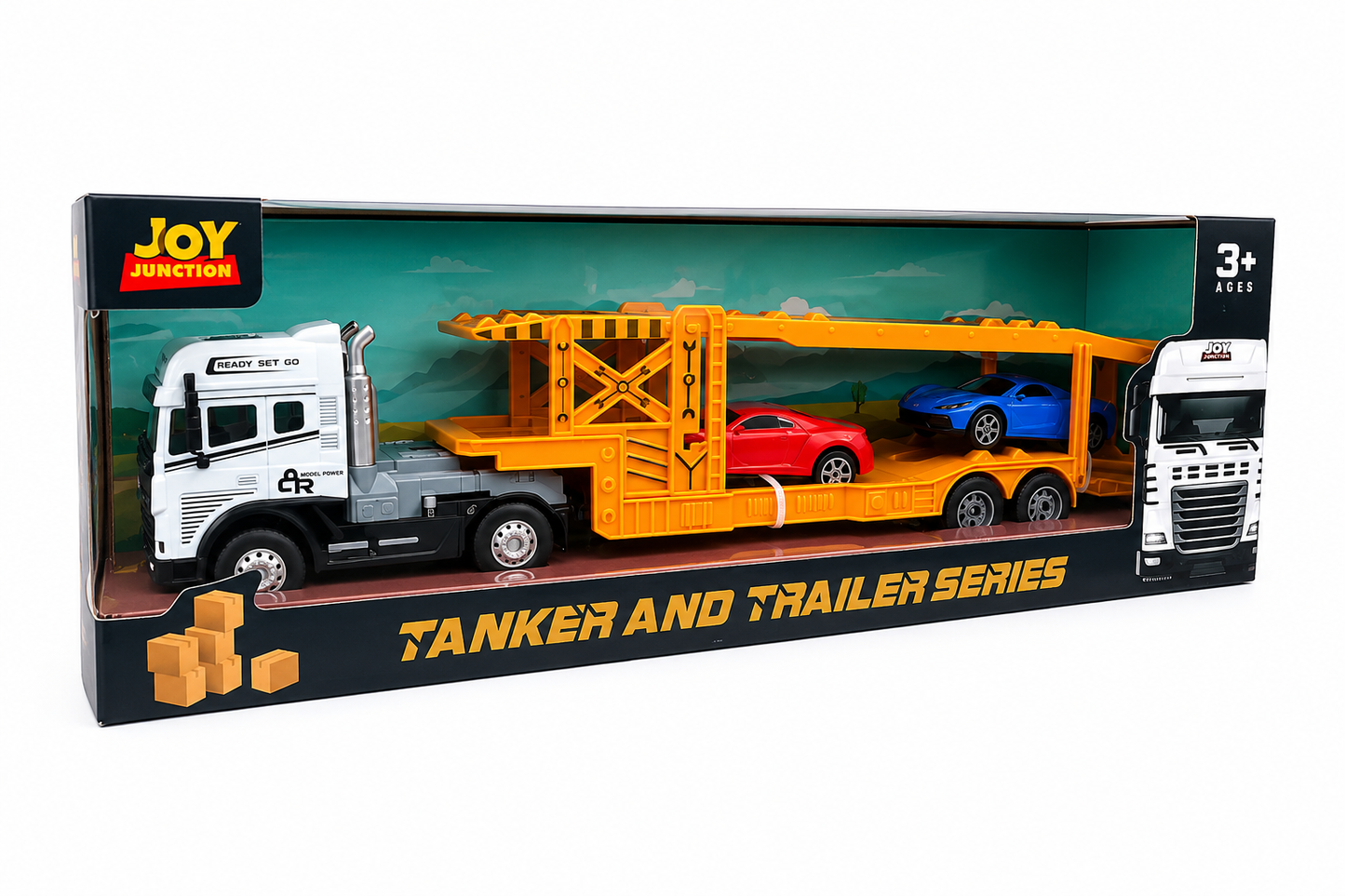 Joy Junction JJ58 1:24 Scale Die-Cast Car Carrier Truck with 2 Sports Cars | Heavy Duty Alloy Transport Trailer, Lights & Sound | Premium Vehicle Transport Model Toy for Kids, Collectors & Display