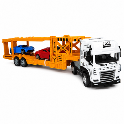 Joy Junction JJ58 1:24 Scale Die-Cast Car Carrier Truck with 2 Sports Cars | Heavy Duty Alloy Transport Trailer, Lights & Sound | Premium Vehicle Transport Model Toy for Kids, Collectors & Display