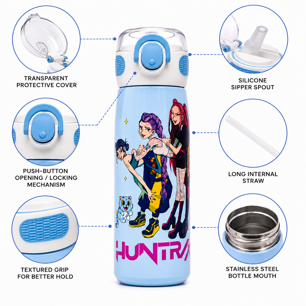 K-Pop Demon Hunters 620ml Vacuum Insulated Stainless Steel Water Bottle with Straw – Blue
