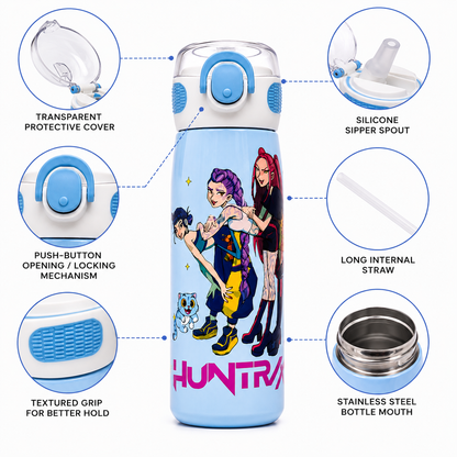 K-Pop Demon Hunters 620ml Vacuum Insulated Stainless Steel Water Bottle with Straw – Blue