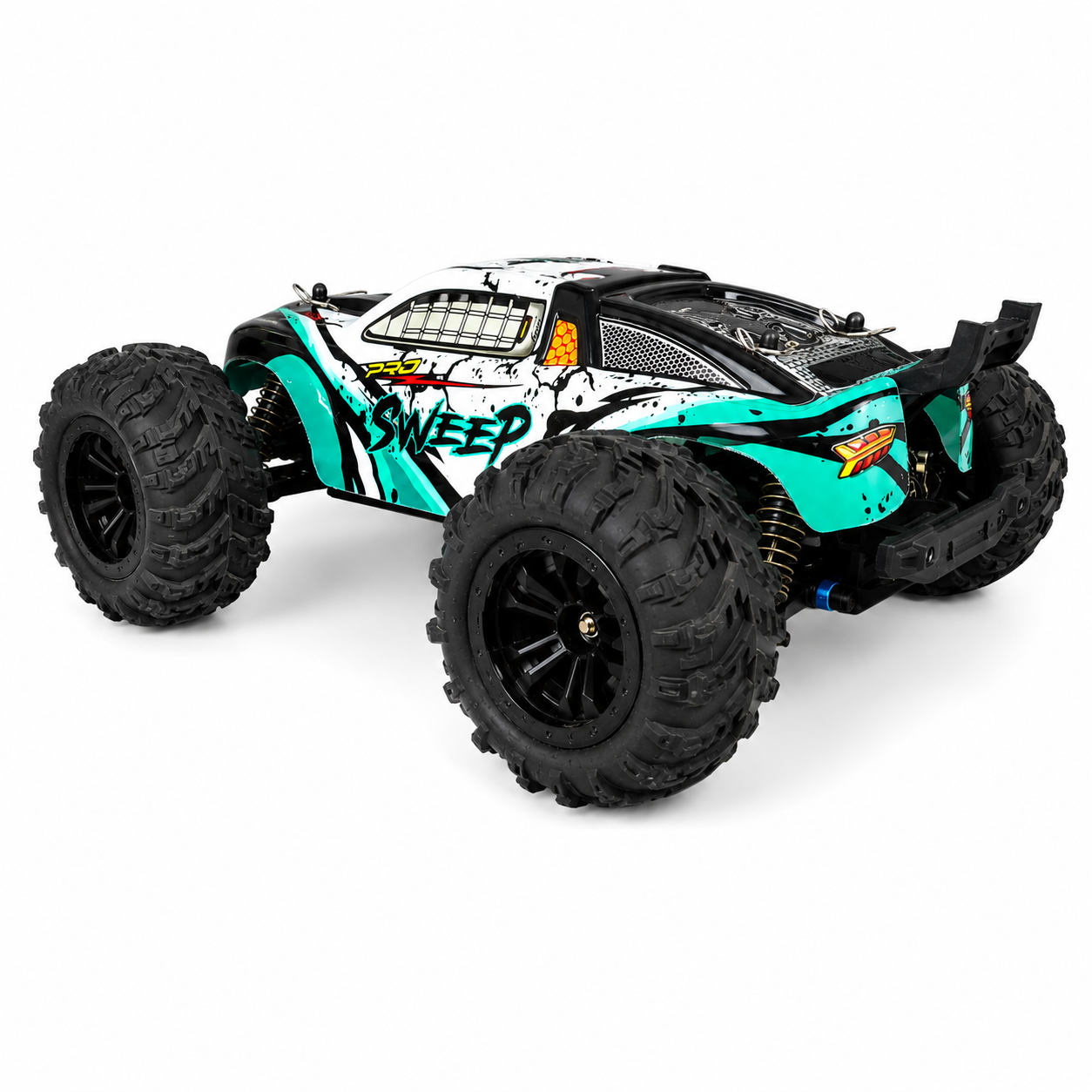 SUCHIYU SWEEP 4WD 2.4GHz RC Off-Road Monster Truck – All-Terrain Four-Wheel Drive High Performance Ready-to-Race Remote Control Car with Large Rugged Tyres & Suspension, Black & Turquoise, 14+