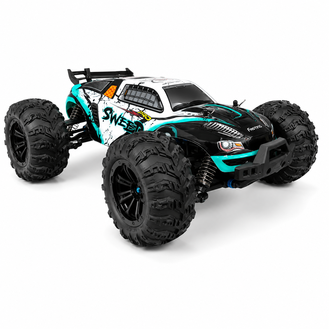 SUCHIYU SWEEP 4WD 2.4GHz RC Off-Road Monster Truck – All-Terrain Four-Wheel Drive High Performance Ready-to-Race Remote Control Car with Large Rugged Tyres & Suspension, Black & Turquoise, 14+