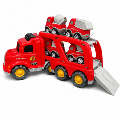 Fire Department Transporter Sound & Light Car Carrier Truck Toy for Kids with 4 Mini Fire Rescue Vehicles, Loading Ramp, Friction Powered Large Transport Truck Playset for Boys & Girls