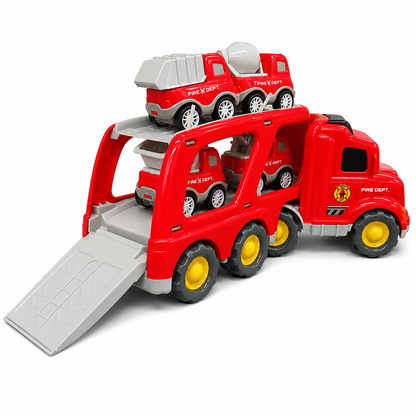 Fire Department Transporter Sound & Light Car Carrier Truck Toy for Kids with 4 Mini Fire Rescue Vehicles, Loading Ramp, Friction Powered Large Transport Truck Playset for Boys & Girls
