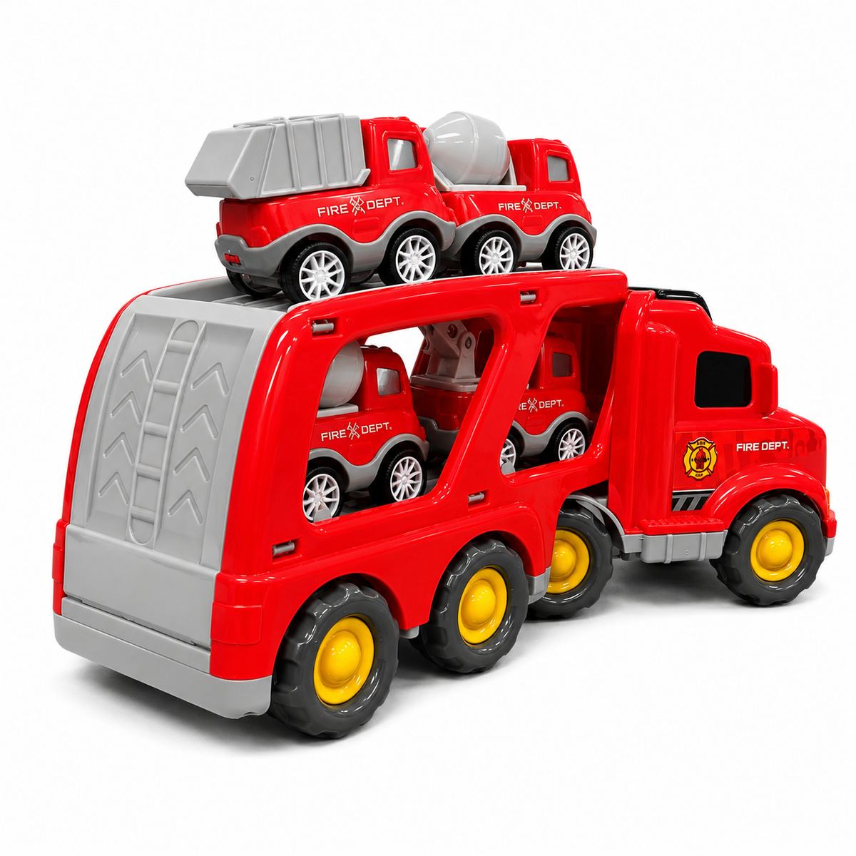 Fire Department Transporter Sound & Light Car Carrier Truck Toy for Kids with 4 Mini Fire Rescue Vehicles, Loading Ramp, Friction Powered Large Transport Truck Playset for Boys & Girls