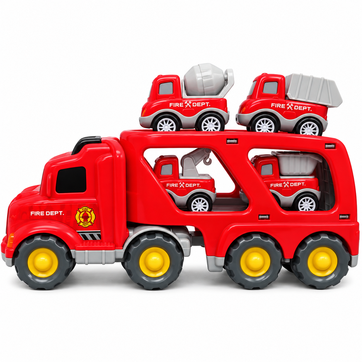 Fire Department Transporter Sound & Light Car Carrier Truck Toy for Kids with 4 Mini Fire Rescue Vehicles, Loading Ramp, Friction Powered Large Transport Truck Playset for Boys & Girls