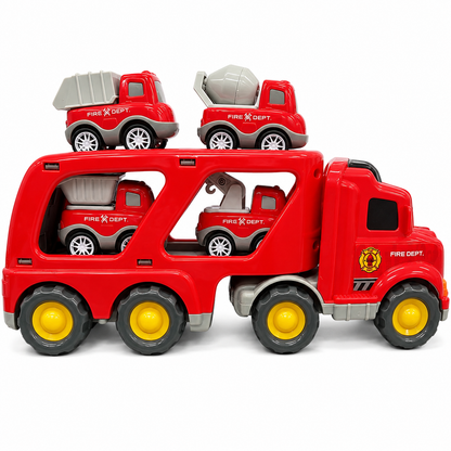 Fire Department Transporter Sound & Light Car Carrier Truck Toy for Kids with 4 Mini Fire Rescue Vehicles, Loading Ramp, Friction Powered Large Transport Truck Playset for Boys & Girls