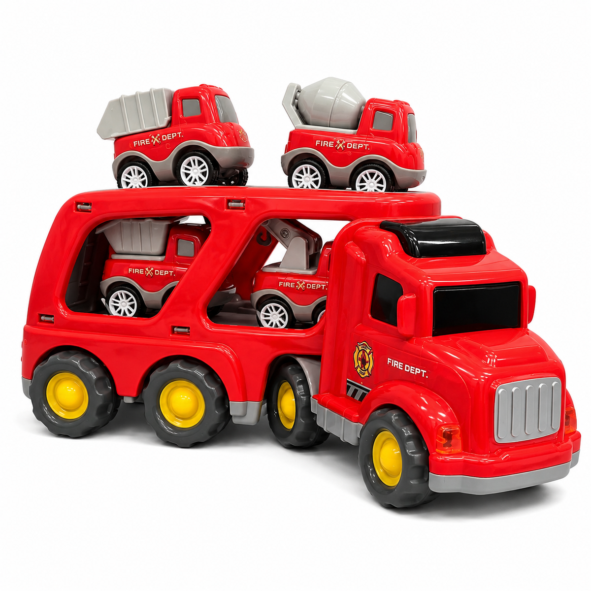 Fire Department Transporter Sound & Light Car Carrier Truck Toy for Kids with 4 Mini Fire Rescue Vehicles, Loading Ramp, Friction Powered Large Transport Truck Playset for Boys & Girls