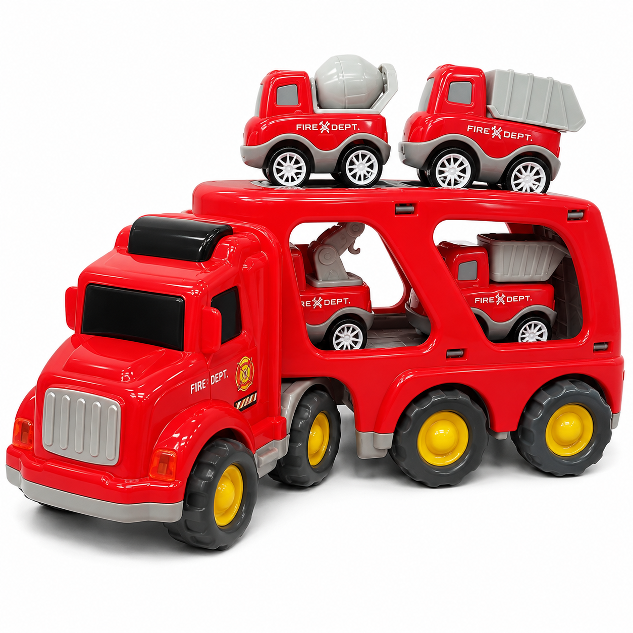 Fire Department Transporter Sound & Light Car Carrier Truck Toy for Kids with 4 Mini Fire Rescue Vehicles, Loading Ramp, Friction Powered Large Transport Truck Playset for Boys & Girls