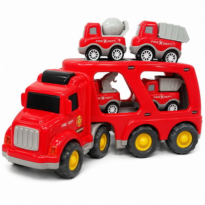 Fire Department Transporter Sound & Light Car Carrier Truck Toy for Kids with 4 Mini Fire Rescue Vehicles, Loading Ramp, Friction Powered Large Transport Truck Playset for Boys & Girls