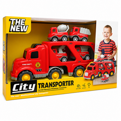 Fire Department Transporter Sound & Light Car Carrier Truck Toy for Kids with 4 Mini Fire Rescue Vehicles, Loading Ramp, Friction Powered Large Transport Truck Playset for Boys & Girls