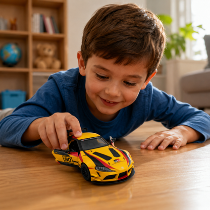 Kinsmart 1:36 Toyota GR Supra Racing Concept Yellow Edition Die-Cast Model Car with Pull Back Action, Openable Doors, #90 Racing Livery & Collectible Sports Car Toy for Kids & Collectors