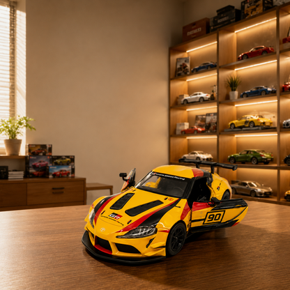 Kinsmart 1:36 Toyota GR Supra Racing Concept Yellow Edition Die-Cast Model Car with Pull Back Action, Openable Doors, #90 Racing Livery & Collectible Sports Car Toy for Kids & Collectors
