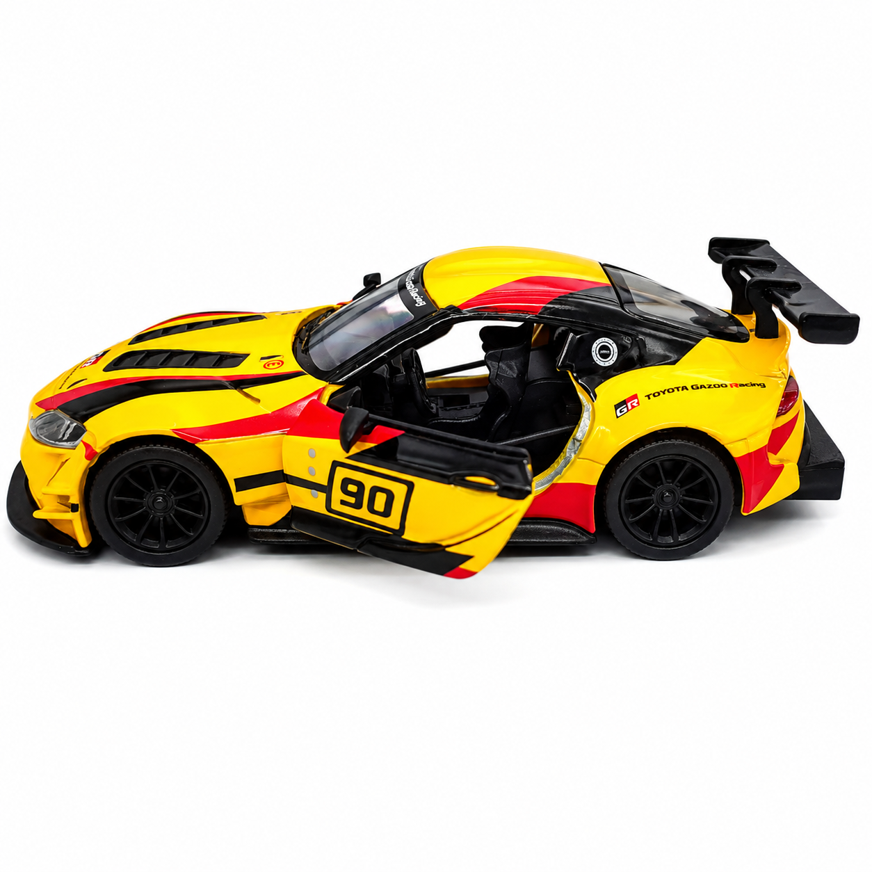 Kinsmart 1:36 Toyota GR Supra Racing Concept Yellow Edition Die-Cast Model Car with Pull Back Action, Openable Doors, #90 Racing Livery & Collectible Sports Car Toy for Kids & Collectors
