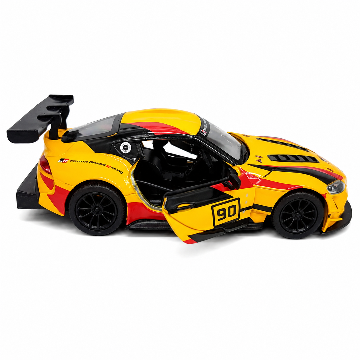 Kinsmart 1:36 Toyota GR Supra Racing Concept Yellow Edition Die-Cast Model Car with Pull Back Action, Openable Doors, #90 Racing Livery & Collectible Sports Car Toy for Kids & Collectors