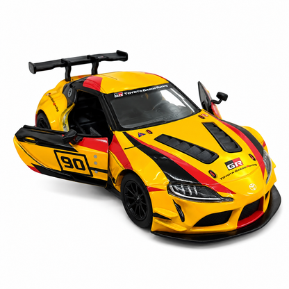 Kinsmart 1:36 Toyota GR Supra Racing Concept Yellow Edition Die-Cast Model Car with Pull Back Action, Openable Doors, #90 Racing Livery & Collectible Sports Car Toy for Kids & Collectors