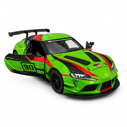 Kinsmart 1:36 Toyota GR Supra Racing Concept Livery Green Edition Die-Cast Metal Model Car with Pull Back Action, Openable Doors, Detailed Racing Graphics & Collectible Sports Car Toy for Kids & Collectors