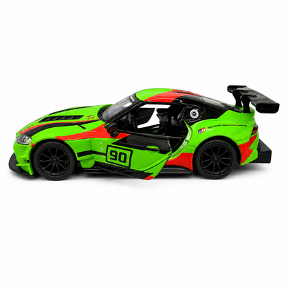 Kinsmart 1:36 Toyota GR Supra Racing Concept Livery Green Edition Die-Cast Metal Model Car with Pull Back Action, Openable Doors, Detailed Racing Graphics & Collectible Sports Car Toy for Kids & Collectors