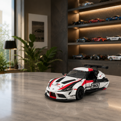 Kinsmart 1:36 Toyota GR Supra Racing Concept Livery White Edition Die-Cast Metal Model Car with Pull Back Action, Openable Doors, #90 Racing Graphics & Collectible Sports Car Toy for Kids & Collectors
