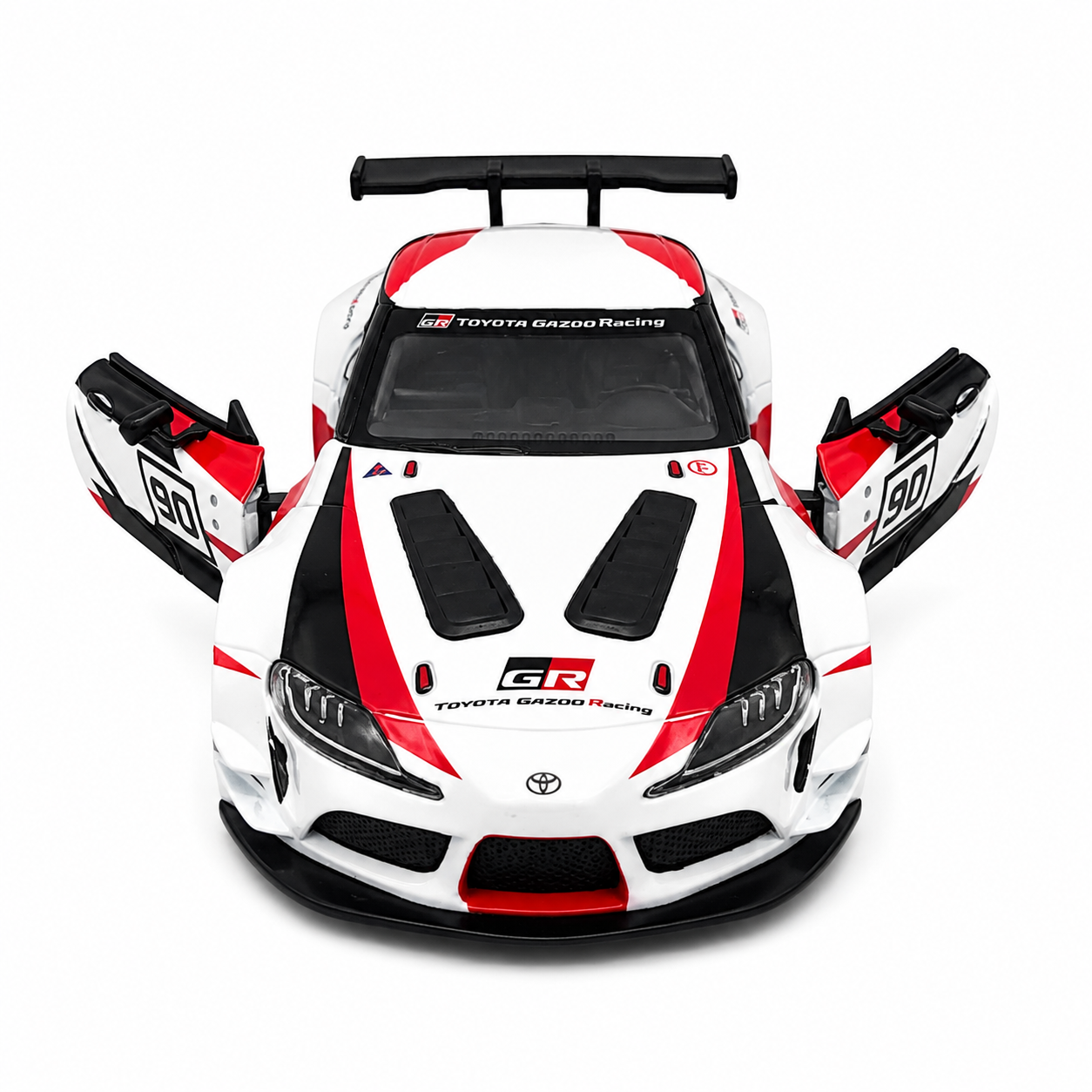 Kinsmart 1:36 Toyota GR Supra Racing Concept Livery White Edition Die-Cast Metal Model Car with Pull Back Action, Openable Doors, #90 Racing Graphics & Collectible Sports Car Toy for Kids & Collectors