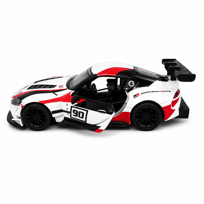 Kinsmart 1:36 Toyota GR Supra Racing Concept Livery White Edition Die-Cast Metal Model Car with Pull Back Action, Openable Doors, #90 Racing Graphics & Collectible Sports Car Toy for Kids & Collectors
