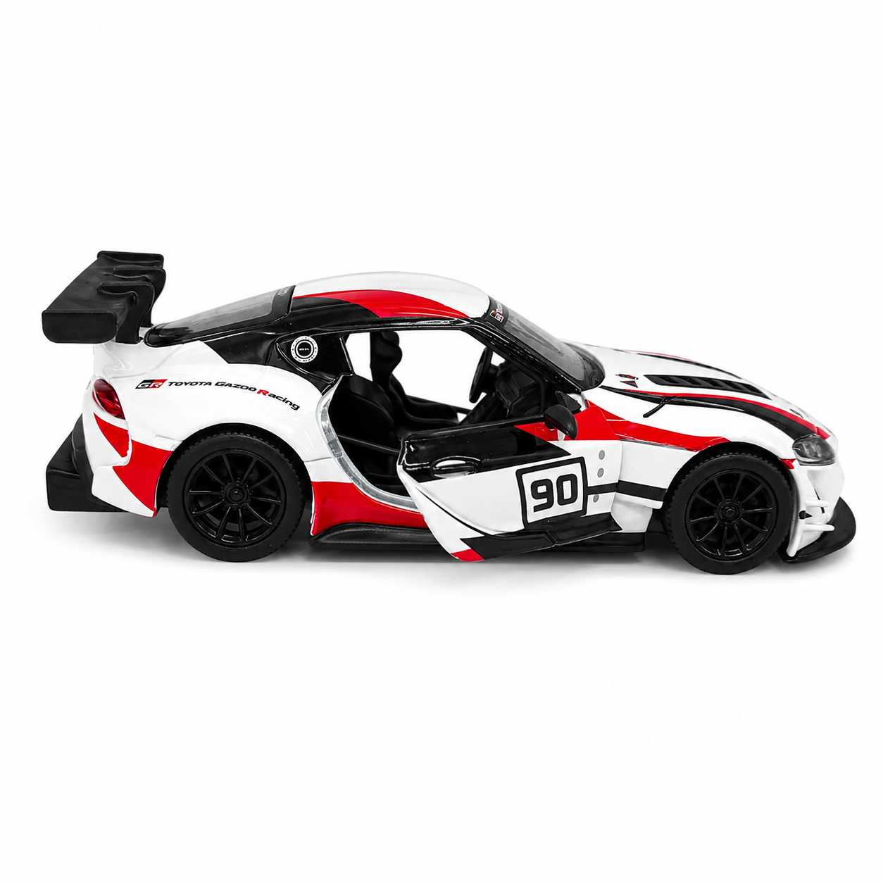 Kinsmart 1:36 Toyota GR Supra Racing Concept Livery White Edition Die-Cast Metal Model Car with Pull Back Action, Openable Doors, #90 Racing Graphics & Collectible Sports Car Toy for Kids & Collectors