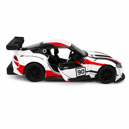 Kinsmart 1:36 Toyota GR Supra Racing Concept Livery White Edition Die-Cast Metal Model Car with Pull Back Action, Openable Doors, #90 Racing Graphics & Collectible Sports Car Toy for Kids & Collectors