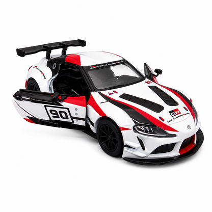 Kinsmart 1:36 Toyota GR Supra Racing Concept Livery White Edition Die-Cast Metal Model Car with Pull Back Action, Openable Doors, #90 Racing Graphics & Collectible Sports Car Toy for Kids & Collectors