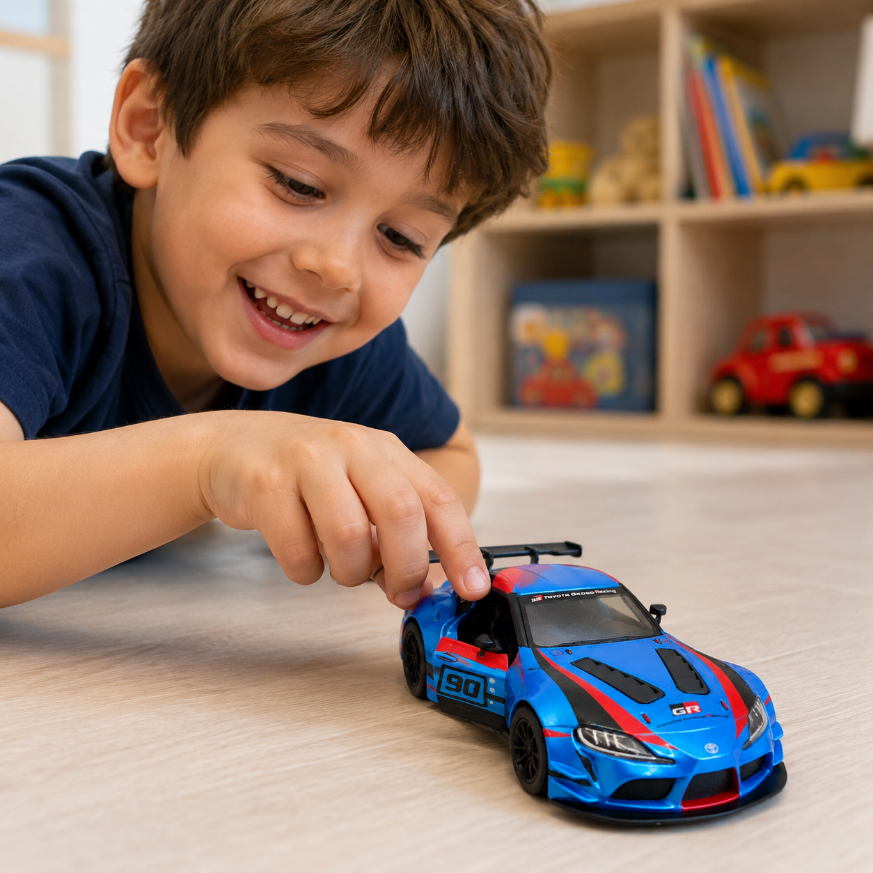 Kinsmart 1:36 Toyota GR Supra Racing Concept Blue Edition Die-Cast Model Car with Pull Back Action, Openable Doors, #90 Racing Livery & Collectible Sports Car Toy for Kids & Collectors