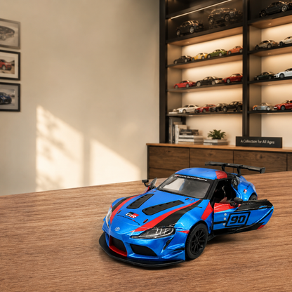 Kinsmart 1:36 Toyota GR Supra Racing Concept Blue Edition Die-Cast Model Car with Pull Back Action, Openable Doors, #90 Racing Livery & Collectible Sports Car Toy for Kids & Collectors