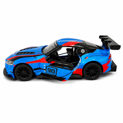 Kinsmart 1:36 Toyota GR Supra Racing Concept Blue Edition Die-Cast Model Car with Pull Back Action, Openable Doors, #90 Racing Livery & Collectible Sports Car Toy for Kids & Collectors