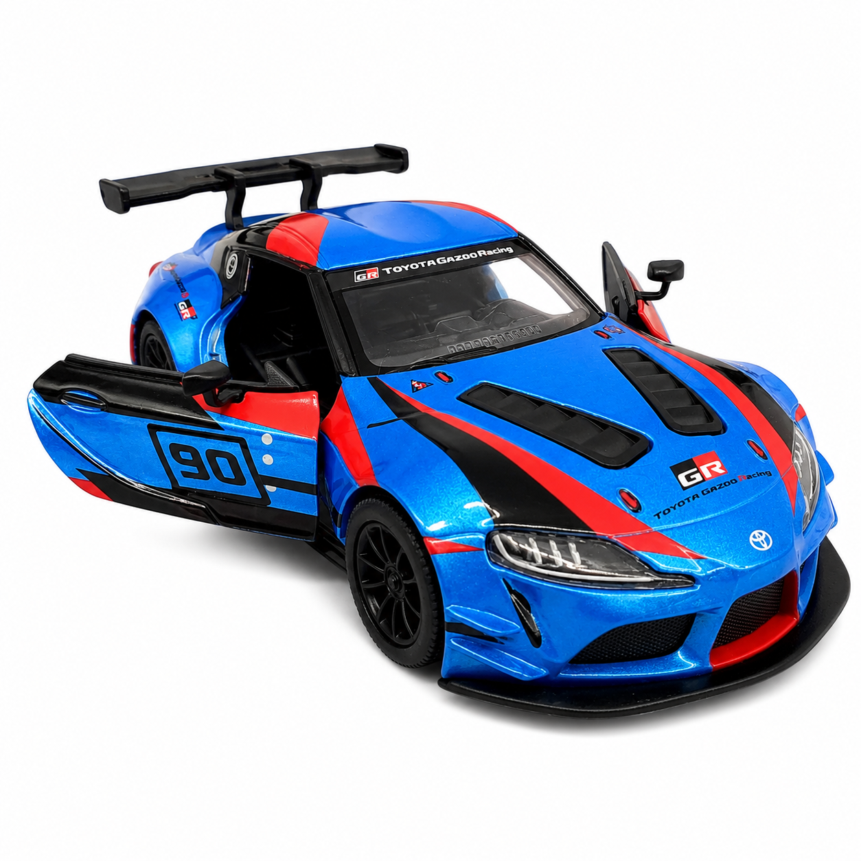 Kinsmart 1:36 Toyota GR Supra Racing Concept Blue Edition Die-Cast Model Car with Pull Back Action, Openable Doors, #90 Racing Livery & Collectible Sports Car Toy for Kids & Collectors