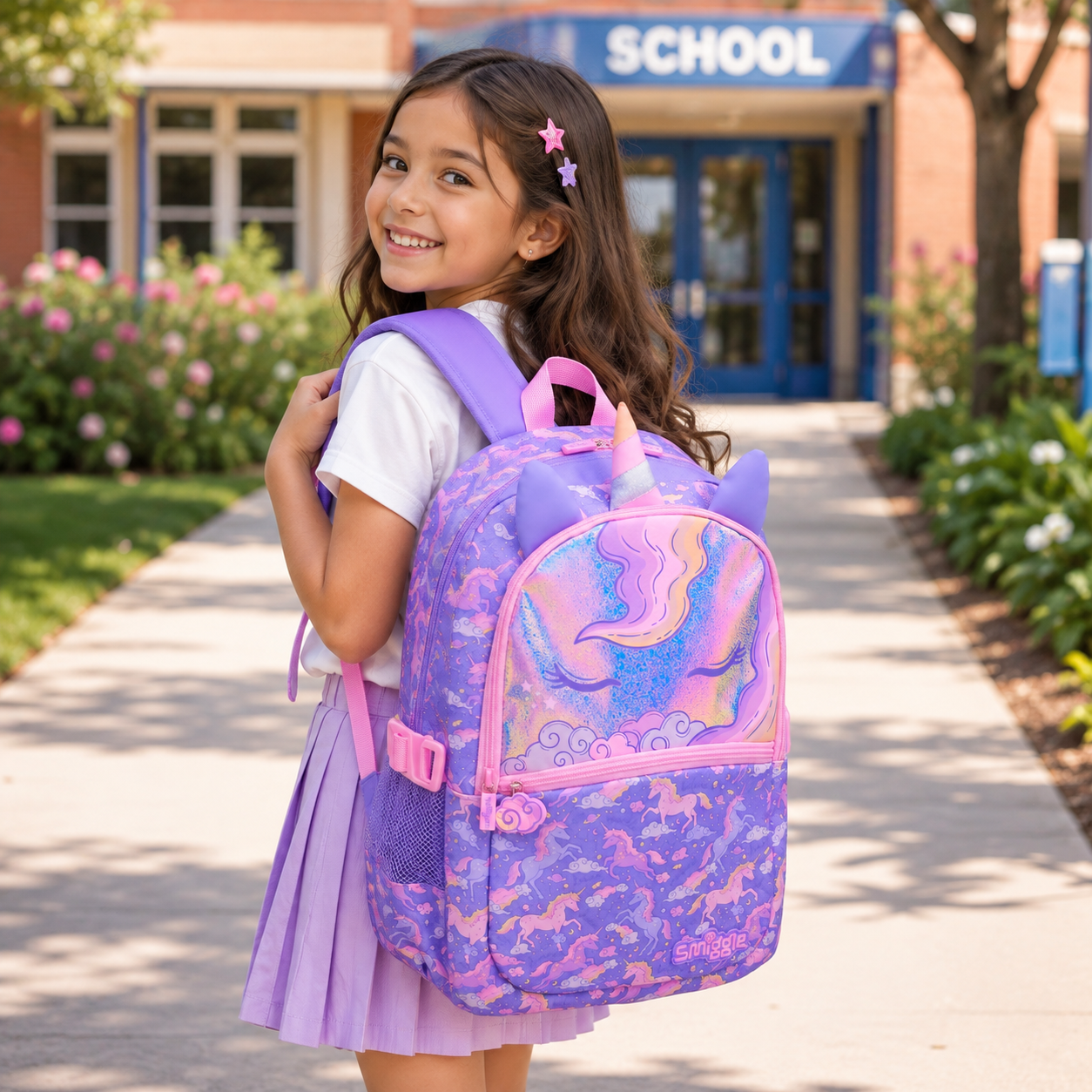 Smiggle Unicorn Backpack for Girls – Purple & Pink Kids School Bag | Cute Unicorn Design, Spacious School Backpack with Front Pocket & Side Mesh Pockets