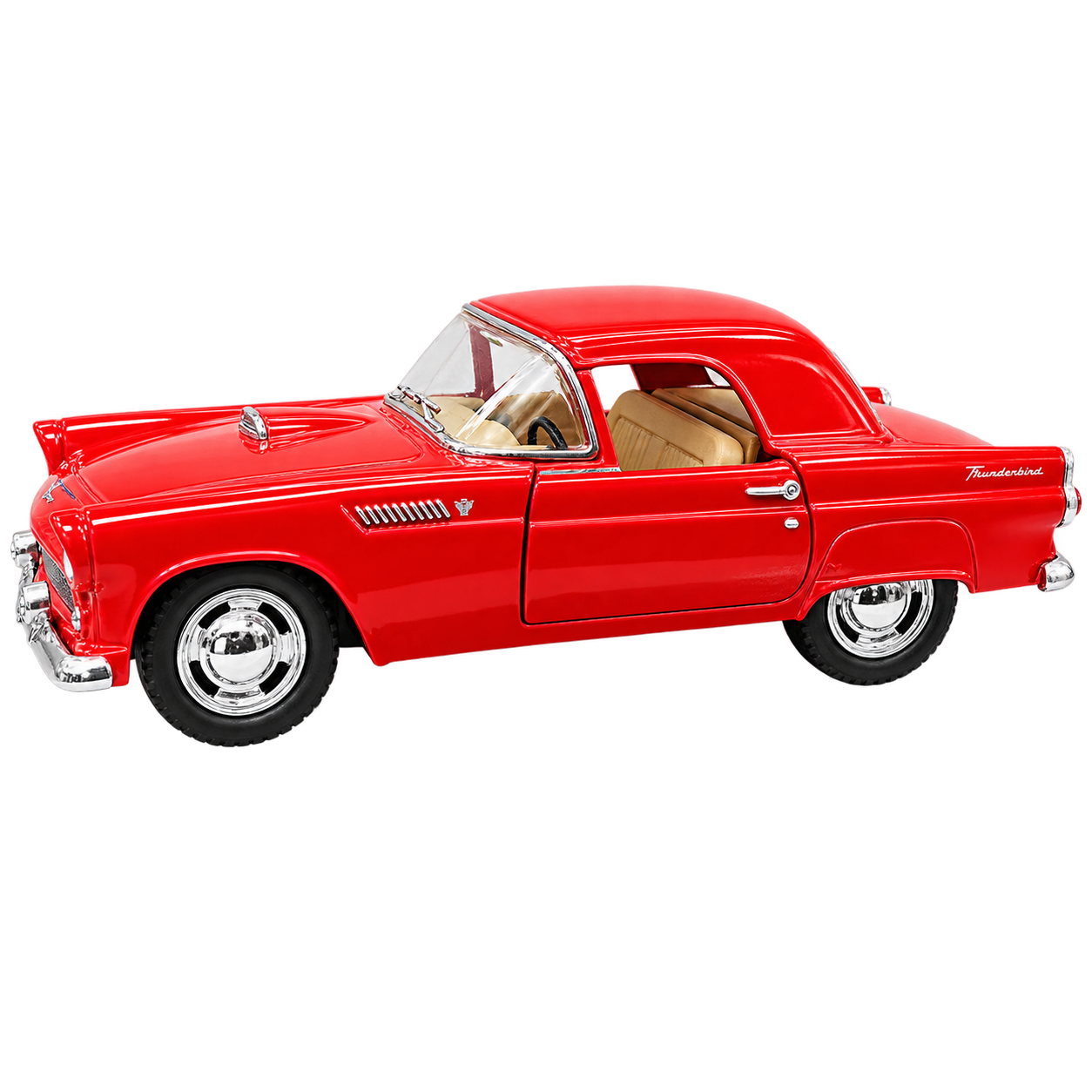Kinsmart 1:36 1955 Ford Thunderbird Die-Cast Metal Model Car with Openable Doors, Pull-Back Action, Detailed Interior, Chrome-Style Accents & Rubber-Style Tyres – Red Collectible Car