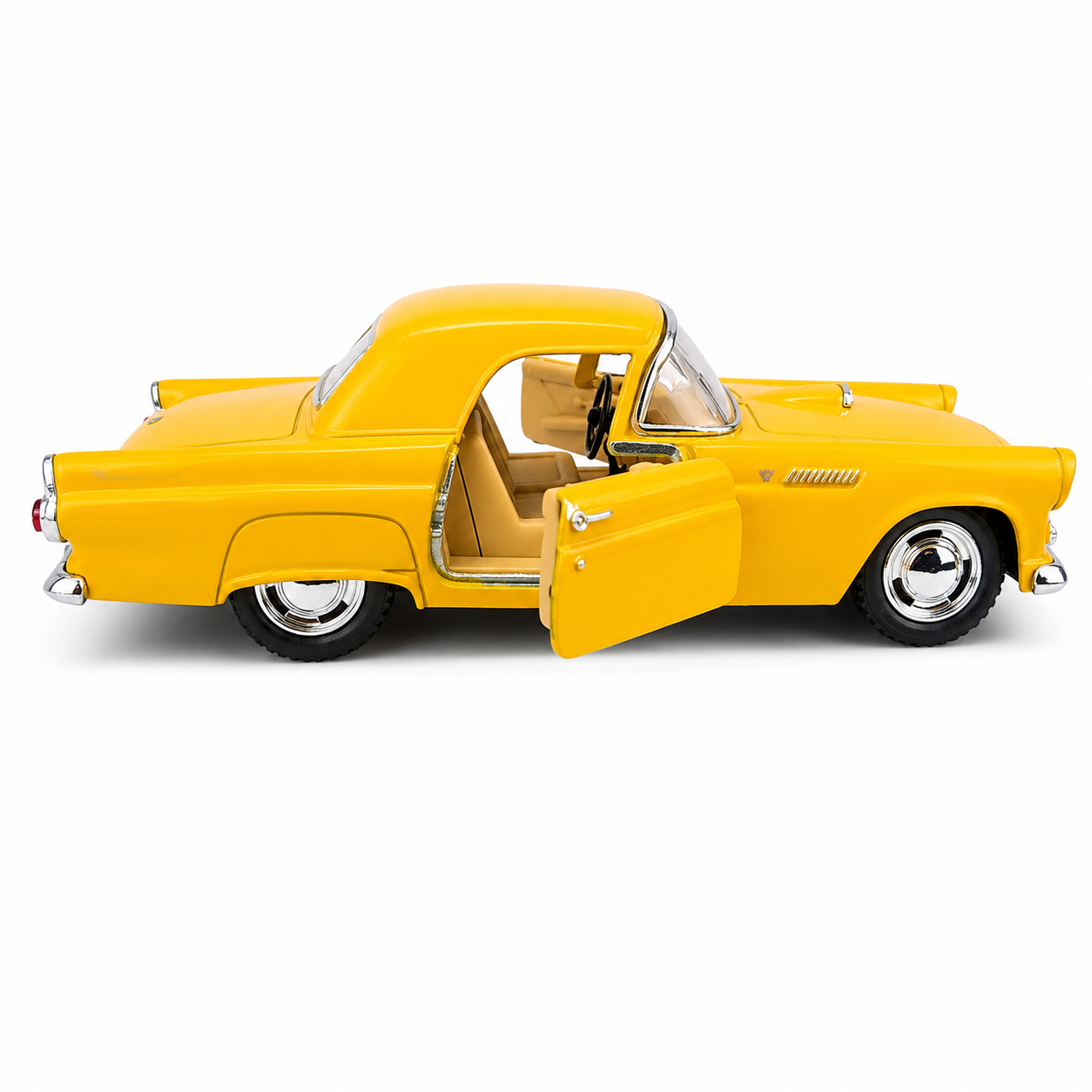 Kinsmart 1:36 1955 Ford Thunderbird Die-Cast Metal Model Car with Openable Doors, Pull-Back Action, Detailed Interior, Chrome-Style Accents & Rubber-Style Tyres – Yellow Collectible Car