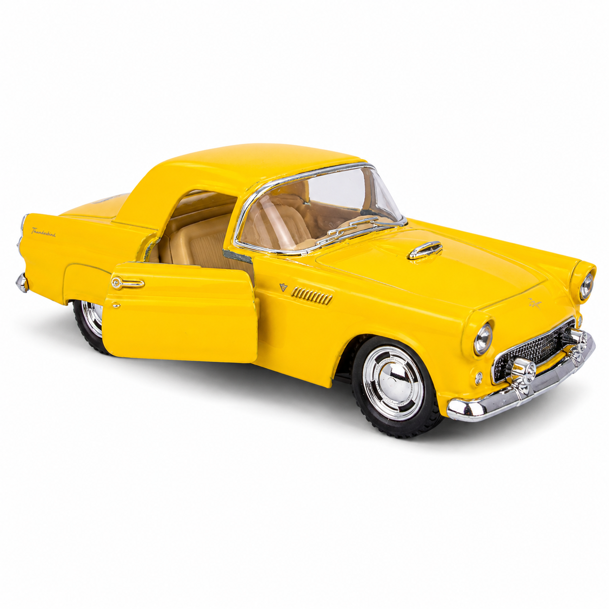 Kinsmart 1:36 1955 Ford Thunderbird Die-Cast Metal Model Car with Openable Doors, Pull-Back Action, Detailed Interior, Chrome-Style Accents & Rubber-Style Tyres – Yellow Collectible Car
