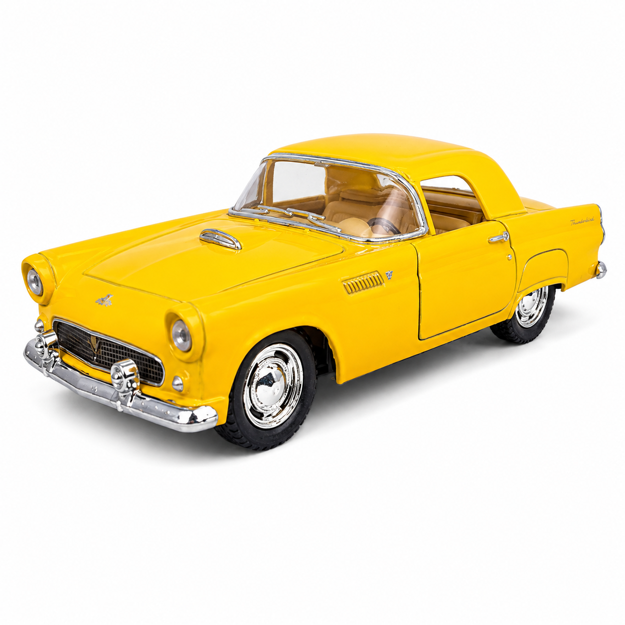 Kinsmart 1:36 1955 Ford Thunderbird Die-Cast Metal Model Car with Openable Doors, Pull-Back Action, Detailed Interior, Chrome-Style Accents & Rubber-Style Tyres – Yellow Collectible Car