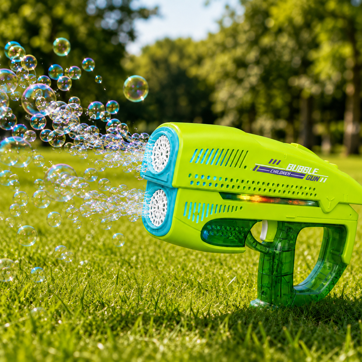 Rechargeable Automatic Double Outlet Bubble Gun with Colourful Lights & Bubble Solution for Kids 3+ Years - Green