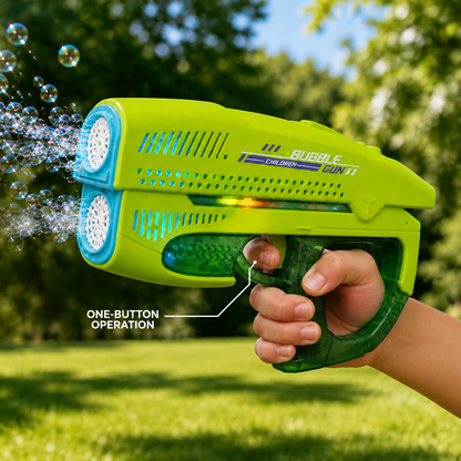 Rechargeable Automatic Double Outlet Bubble Gun with Colourful Lights & Bubble Solution for Kids 3+ Years - Green