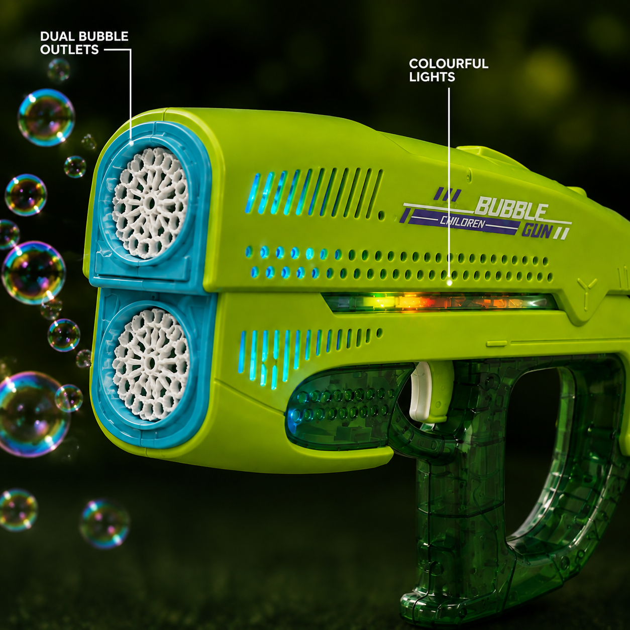 Rechargeable Automatic Double Outlet Bubble Gun with Colourful Lights & Bubble Solution for Kids 3+ Years - Green