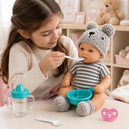 Realistic Baby Doll with Feeding Accessories 12Inch  | Cute Newborn Doll with Outfit, Bear Hat, Feeding Bowl, Spoon, Fork, Sippy Cup & Pacifier | Pretend Play Baby Doll for Kids 18M+