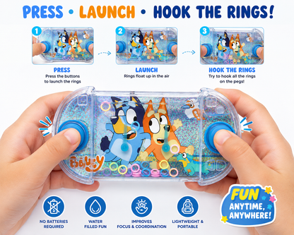 Kids Handheld Water Ring Toss Game with Dual Push Buttons | Blue Cartoon Water Game | No Batteries Required | Portable Travel Toy