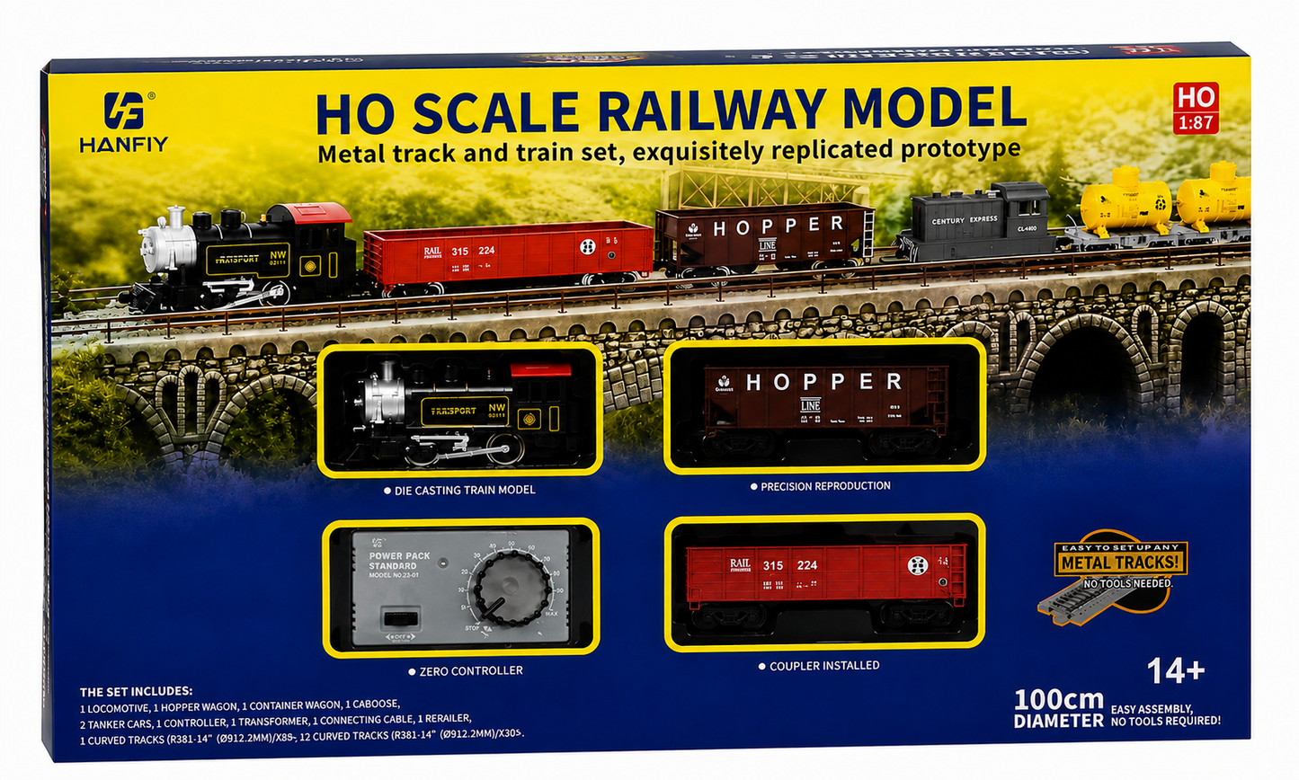 HANFIY 66100a HO 1:87 Scale Electric Railway Train Set with Metal Track & Controller