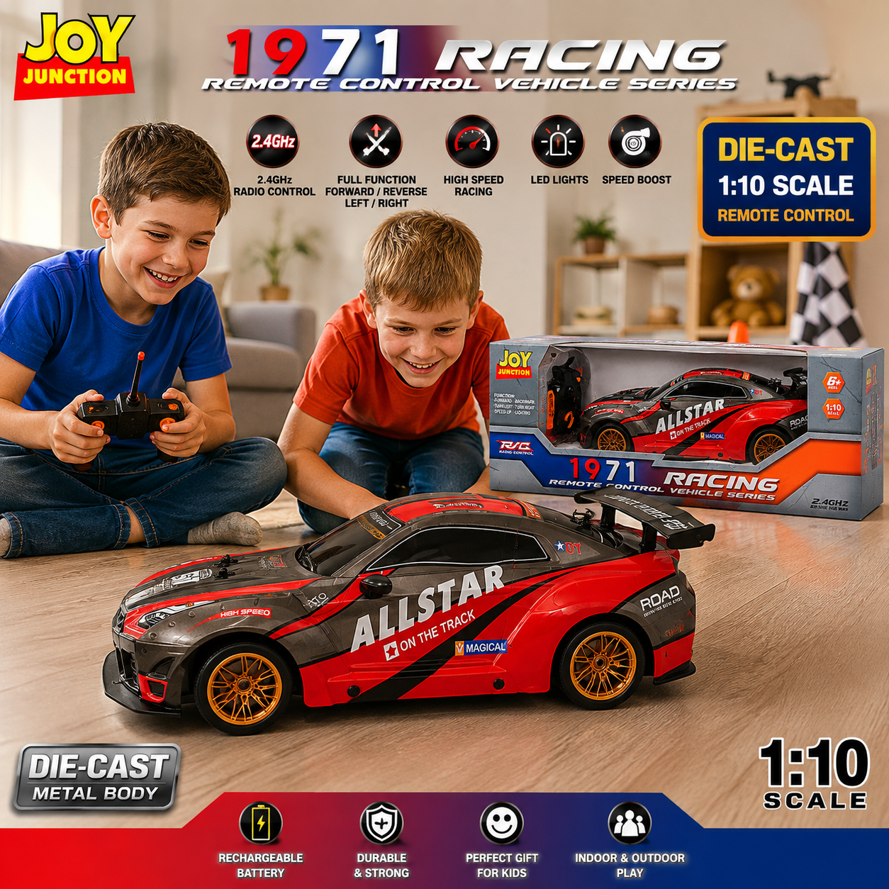 Joy Junction 1:10 Scale RC Racing Car 1971 Series (Red) | 2.4GHz Remote Control Sports Car with LED Lights, High-Speed Racing, Forward/Reverse, Left & Right Steering, Speed Boost | Rechargeable Toy Car for Kids Ages