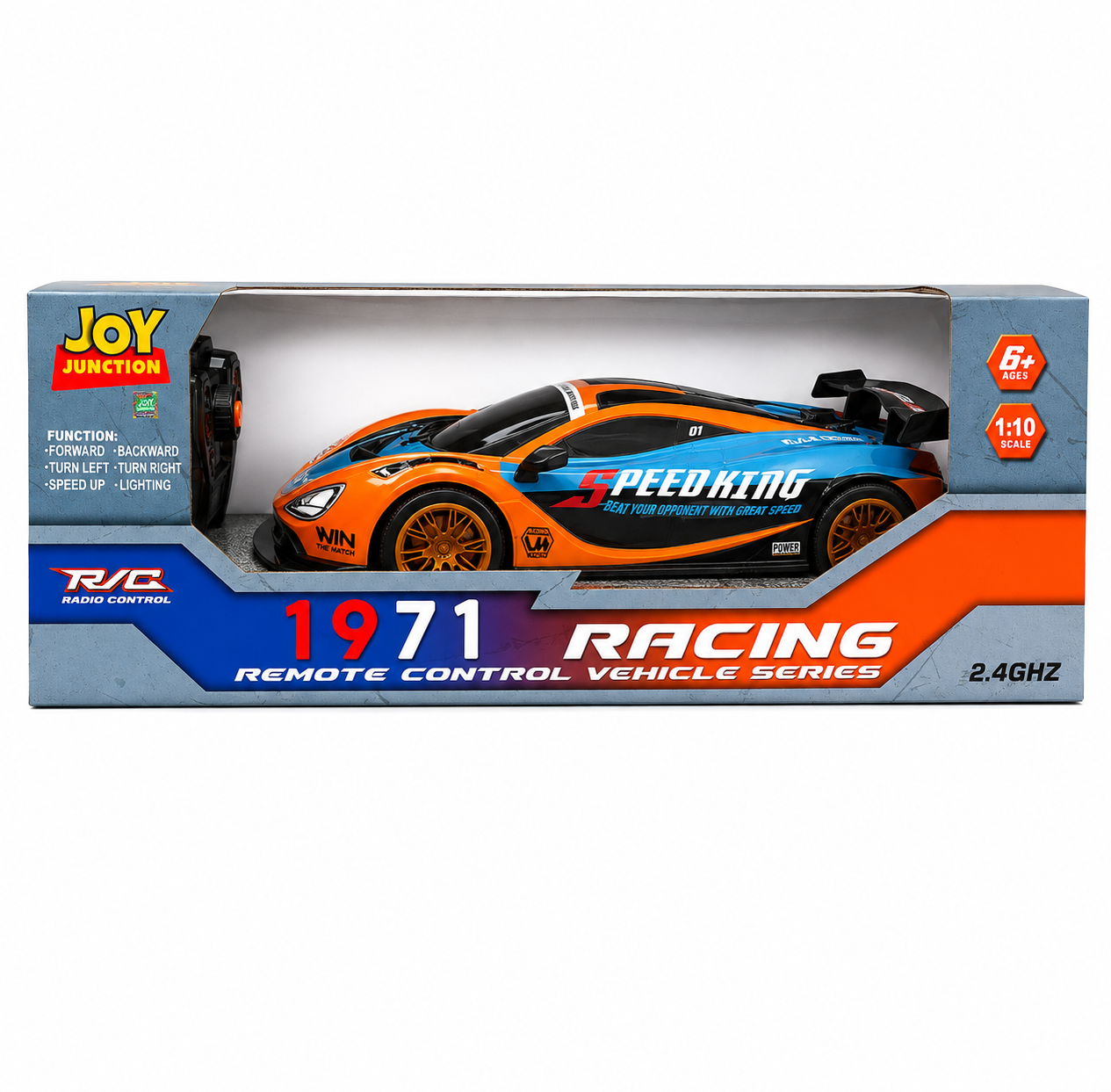 Joy Junction 1:10 Scale RC Racing Sports Car (Orange/Blue) | 2.4GHz Remote Control 1971 Racing Vehicle Series with LED Lights, High-Speed Rechargeable RC Car, Forward & Reverse, Left & Right Steering, Speed Boost, Remote Control Toy for Kids Ages
