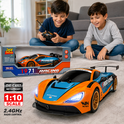 Joy Junction 1:10 Scale RC Racing Sports Car (Orange/Blue) | 2.4GHz Remote Control 1971 Racing Vehicle Series with LED Lights, High-Speed Rechargeable RC Car, Forward & Reverse, Left & Right Steering, Speed Boost, Remote Control Toy for Kids Ages