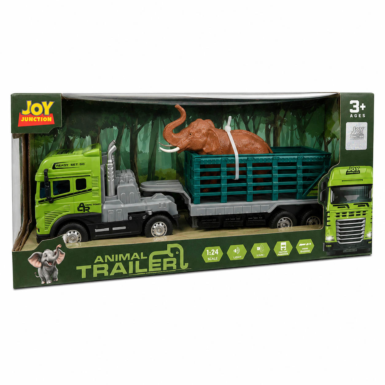 Joy Junction 1:24 Scale Animal Trailer Toy Truck with Elephant | Die-Cast Metal Cab Head, Light & Sound, Friction Powered Heavy Duty Transport Truck for Kids