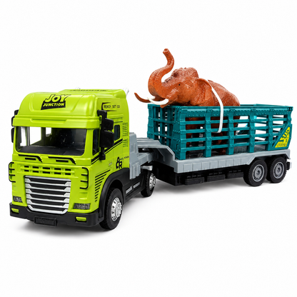 Joy Junction 1:24 Scale Animal Trailer Toy Truck with Elephant | Die-Cast Metal Cab Head, Light & Sound, Friction Powered Heavy Duty Transport Truck for Kids